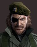  1boy 3d beard big_boss blue_eyes brown_hair emblem eyepatch facial_hair metal_gear metal_gear_solid_peace_walker military_hat mullet mustache naked_snake official_art 