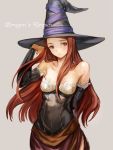  1girl bare_shoulders breasts brown_eyes brown_hair cleavage dragon&#039;s_crown grey_background hat highres long_hair simple_background solo sorceress_(dragon&#039;s_crown) witch_hat yun_(bonopati) 
