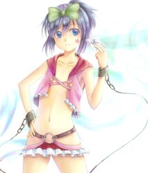  1girl blue_eyes blush chain facial_tattoo flat_chest kunihiro_hajime no_bra no_panties pokomate ponytail ribbon saki smile solo star tattoo vest 