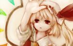  1girl arm_up blonde_hair bust flandre_scarlet hat hat_ribbon looking_at_viewer mob_cap nishi_masakazu open_hand parted_lips red_eyes ribbon short_hair side_ponytail solo tan_background touhou wings 