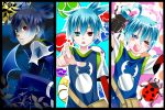  3boys ahoge bag beetle black_hair black_sig blue_eyes blue_hair column_lineup hasumi_natsume heterochromia insect ladybug male moon multiple_boys multiple_persona night pants puyo_(puyopuyo) puyopuyo puyopuyo_fever red_eyes shirt sig 