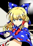  1girl :q alternate_color alternate_hair_color america american_miko blonde_hair blue_eyes bow boxing_ring detached_sleeves hair_bow hakurei_reimu kamiya_ueshi long_hair looking_at_viewer smile solo tongue touhou 