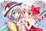  2girls ascot blonde_hair bow fang flandre_scarlet flower green_eyes hat hat_bow heart heart_hands heart_hands_duo komeiji_koishi long_sleeves looking_at_viewer multiple_girls open_mouth pink_eyes pink_rose puffy_sleeves rika-tan_(artist) rose shirt short_sleeves side_ponytail silver_hair skirt smile third_eye touhou vest wide_sleeves wings 