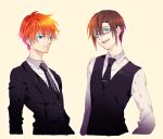  2boys bangoul blue_eyes brown_hair formal genderswap genderswap_(mtf) glasses makinami_mari_illustrious male_focus multiple_boys necktie neon_genesis_evangelion orange_hair rebuild_of_evangelion shikinami_asuka_langley smile souryuu_asuka_langley suit vest 