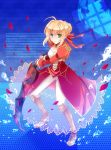  1girl aestus_estus ahoge blonde_hair delusion_syndrome dress epaulettes fate/stay_night fate_(series) greaves green_eyes hair_ribbon red_dress ribbon saber_extra see-through solo sword weapon 