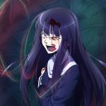  1girl asagami_fujino blood blood_on_face bloody_clothes brown_eyes kara_no_kyoukai long_hair open_mouth purple_hair sakuraba_tsukasa school_uniform screaming solo tears 