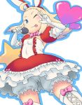  &gt;_o 1girl ;q ahoge blonde_hair bloomers blue_eyes boots bravely_default:_flying_fairy bravely_default_(series) cross-laced_footwear dress edea_lee elbow_gloves gloves heart idol lace-up_boots long_hair microphone one_eye_closed small_breasts solo tongue tongue_out tsukudani_(coke-buta) underwear upskirt v_over_eye wink 