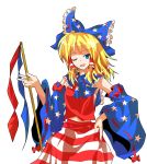  1girl alphes_(style) america blonde_hair blue_eyes bow detached_sleeves gohei hair_bow hakurei_reimu hand_on_hip highres midriff open_mouth pandora-ex parody simple_background smile solo star style_parody touhou white_background wink 