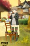  1girl blue_eyes book brown_hair chair character_name cup food fruit hair_ribbon house joyz2008 long_hair lynette_bishop military military_uniform necktie outdoors ponytail ribbon solo strike_witches sunset table tea_set teacup thighhighs uniform wink 