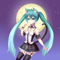  1girl animal_ears aqua_eyes aqua_hair as_(27273212) bracelet cat_ears cat_tail collar full_moon garter_straps hatsune_miku jewelry long_hair moon skirt solo tail thighhighs twintails very_long_hair vocaloid 