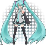  1girl aare_(dashvast) absurdly_long_hair checkered checkered_background colored detached_sleeves green_eyes green_hair hatsune_miku highres long_hair looking_at_viewer necktie skirt smile solo thigh-highs twintails very_long_hair vocaloid 