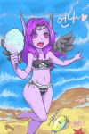  1girl bare_shoulders barefoot bikini black_wings blush circlet cotton_candy feathered_wings fish highres league_of_legends long_hair morgana ocean open_mouth purple_hair purple_skin running side-tie_bikini small_breasts solo strapless swimsuit trombe violet_eyes waves wings 