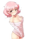  1girl bare_shoulders blush breasts cleavage collarbone highres large_breasts looking_at_viewer naked_sweater original pink_eyes pink_hair ribbed_sweater short_hair simple_background solo sweater white_background yoshike~to 