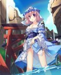  1girl blush breasts cleavage dress hat japanese_clothes open_mouth pink_eyes pink_hair saigyouji_yuyuko short_hair skirt_hold solo t-ray touhou violet_eyes wading water 