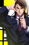  1boy brown_eyes brown_hair fate/tiger_colosseum fate_(series) formal glasses hogehoge0710 holding holding_glasses necktie solo suit 