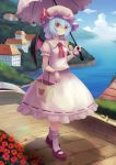  1girl apple ascot bag bat_wings bird blue_hair blue_sky bridge building clouds fingernails flower food fruit hat hat_ribbon head_tilt highres light_smile looking_at_viewer mary_janes mob_cap mountain nail_polish outdoors parasol pointy_ears puffy_short_sleeves puffy_sleeves red_eyes red_rose remilia_scarlet ribbon river rose shadow shoes shopping_bag short_hair short_sleeves skirt skirt_set sky slit_pupils socks solo sonikey0_0 touhou umbrella wings wrist_cuffs 