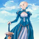  1girl ahoge avalon_(fate/stay_night) blonde_hair dress excalibur fate/stay_night fate_(series) green_eyes hand_on_hilt planted_sword planted_weapon saber sheath sheathed solo sword tam_(cuq) weapon 