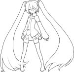  1girl absurdly_long_hair detached_sleeves fukumitsu_(kirarirorustar) hatsune_miku highres lineart long_hair looking_at_viewer monochrome necktie skirt smile solo thigh-highs twintails very_long_hair vocaloid 