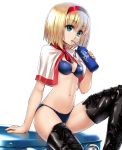  1girl alice_margatroid alternate_costume bikini blonde_hair boots breasts capelet green_eyes hairband navel racequeen short_hair small_breasts solo straw swimsuit takemori_shintarou thigh_boots thighhighs touhou 