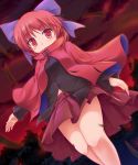  1girl blush bow cape hair_bow highres looking_at_viewer lzh navel red_eyes red_sky redhead sekibanki short_hair skirt sky smile solo touhou 