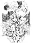  2girls akemi_homura building city cityscape closed_eyes flower full_moon graphite_(medium) kaname_madoka long_hair mahou_shoujo_madoka_magica monochrome moon multiple_girls nobita parted_lips profile rose traditional_media twintails 