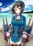  1girl black_hair black_legwear breasts clouds gloves hai_ookami hat highres kantai_collection large_breasts light_smile looking_at_viewer red_eyes short_hair sky solo takao_(kantai_collection) 