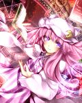  1girl book crescent dress hat kazetto long_hair looking_at_viewer magic_circle patchouli_knowledge purple_hair smile solo striped striped_dress touhou violet_eyes 