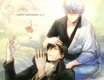  2boys birthday black_hair cigarette flower gintama hijikata_toushirou japanese_clothes multiple_boys sakata_gintoki tkr_(lovedelic99) white_hair 