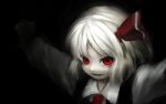  1girl black_background blonde_hair darkness hair_ribbon nishi_masakazu open_mouth outstretched_arms red_eyes ribbon rumia short_hair simple_background smile solo touhou 