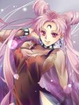  1girl adult akira_shun bishoujo_senshi_sailor_moon black_lady chibi_usa clothed_navel crescent double_bun dress earrings facial_mark forehead_mark grey_background jewelry long_hair pink_hair red_eyes see-through smile solo twintails 