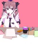  1girl bow brown_hair brush cellphone cup hair_bow hat himekaidou_hatate kagekichirou long_hair necktie notepad pen phone photo_(object) pointy_ears scissors shirt short_sleeves solo tokin_hat touhou twintails violet_eyes 