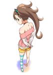  arms_behind_back bare_shoulders brown_hair butterfly_hair_ornament chousoku_henkei_gyrozetter from_behind hair_ornament inaba_rinne kouda_tomohiro legs ponytail single_thighhigh thigh-highs yellow_eyes 