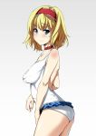  1girl alice_margatroid alternate_costume blonde_hair blue_eyes blush breasts choker hairband large_breasts looking_at_viewer one-piece_swimsuit short_hair solo swimsuit touhou white_swimsuit 
