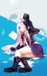  0910popo 1girl boots braid dangan_ronpa gloves hair_ribbon kirigiri_kyouko long_hair monokuma necktie paper purple_hair ribbon school_uniform single_braid skirt target violet_eyes 