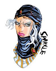  1boy absurdres araki_hirohiko_(style) battle_tendency grey_eyes hair_scarf highres jojo_no_kimyou_na_bouken kars_(jojo) kingkuma404 pink_lips portrait scarf striped_clothes striped_scarf traditional_media white_background white_hair 