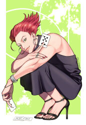  1boy black_shirt card closed_mouth dated earrings full_body green_eyes high_heels highres hisoka_morow holding holding_card hunter_x_hunter jewelry looking_at_viewer male_focus playing_card red_hair red_nails ring shakikashi shirt signature solo squatting 