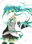  1girl detached_sleeves floating_hair green_eyes green_hair hatsune_miku highres kurana long_hair necktie petals skirt solo thigh-highs twintails very_long_hair vocaloid white_background 