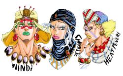  3boys araki_hirohiko_(style) battle_tendency blonde_hair bracelet bridal_gauntlets earrings esidisi facial_mark green_eyes green_hair green_lips grey_eyes hair_scarf hat highres jewelry jojo_no_kimyou_na_bouken kars_(jojo) kingkuma404 lip_piercing multiple_boys piercing pink_lips portrait ring scarf striped_clothes striped_scarf traditional_media upper_body wamuu white_background white_bridal_gauntlets white_hair yellow_hat 
