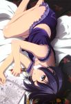  1girl absurdres blue_hair camisole chuunibyou_demo_koi_ga_shitai! drawing eyepatch highres legs lying nyantype official_art on_side pillow short_hair solo takanashi_rikka tears 