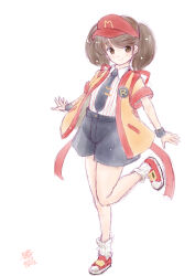  1girl badge black_necktie black_shorts brown_eyes brown_hair button_badge commentary_request cosplay employee_uniform fast_food_uniform imadake_dabuchi_tabemi imadake_dabuchi_tabemi_(cosplay) kantai_collection koshigaya_tatsumi long_hair look-alike looking_at_viewer mcdonald's necktie one-hour_drawing_challenge open_happi pinstripe_pattern pinstripe_shirt ryuujou_(kancolle) shirt shorts simple_background solo standing standing_on_one_leg striped_clothes striped_shirt twintails visor_cap white_background wristband yellow_happi 