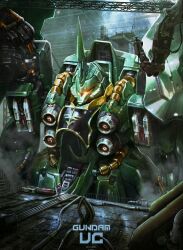  artist_request beam_cannon cable emblem garancieres gundam gundam_unicorn hangar highres hose kshatriya machinery mecha mecha_focus mobile_suit neo_zeon no_humans one-eyed realistic robot roundel science_fiction spacecraft_interior title 