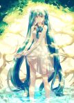  1girl achiki alternate_costume aqua_eyes aqua_hair bare_arms bare_shoulders dress flower hair_flower hair_ornament hatsune_miku long_hair see-through sleeveless sleeveless_dress soaking_feet solo twintails very_long_hair vocaloid wet wet_clothes wet_dress white_dress wringing_skirt 