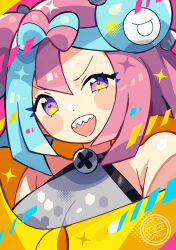  1girl :d anidler91 bare_shoulders blue_hair bow-shaped_hair character_hair_ornament eyelashes hair_ornament highres iono_(pokemon) looking_at_viewer multicolored_hair open_mouth pink_eyes pink_hair pokemon pokemon_sv sharp_teeth smile solo teeth two-tone_hair upper_body upper_teeth_only 