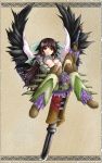  1girl armor boots bow breasts brown_hair cape feathers gloves hair_bow highres kurosaki6262922 long_hair monster_hunter open_mouth qurupeco_(armor) red_eyes reiuji_utsuho solo touhou underboob weapon wings 