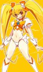  1girl :d aano_(10bit) adapted_costume blonde_hair cure_sunshine heartcatch_precure! midriff myoudouin_itsuki navel no_pants open_mouth panties precure smile solo twintails underwear yellow_background yellow_eyes 