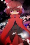  1girl arms_behind_back blouse bow cape hair_bow light_particles looking_at_viewer multicolored_background no_mouth red_eyes redhead sekibanki shiodzuke skirt touhou 