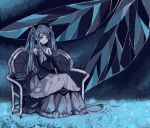  1girl blue blue_rose detached_sleeves drawr dress flower full_body hatsune_miku ice loc6 long_hair no_nose rose shoulderless_dress sitting solo twintails vocaloid 
