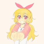  1girl :d aikatsu! blonde_hair chan_co grin hair_ribbon hoshimiya_ichigo interlocked_fingers long_hair low_twintails open_mouth red_eyes ribbon smile solo stretch track_jacket twintails 