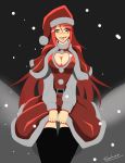 1girl absurdres alternate_costume black_legwear blush breasts capelet cleavage cleavage_cutout eyelashes green_eyes hat highres katarina_du_couteau large_breasts league_of_legends long_hair redhead santa_costume santa_hat skirt skirt_lift snowing solo thighhighs torahime_(roland00) very_long_hair 