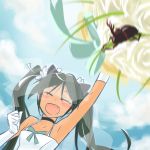  1girl bare_shoulders beetle black_hair blush bouquet closed_eyes clouds collar dress fang flower francesca_lucchini gloves hair_ribbon long_hair mukiki ribbon smile solo strike_witches throwing twintails wedding wedding_dress white_gloves 